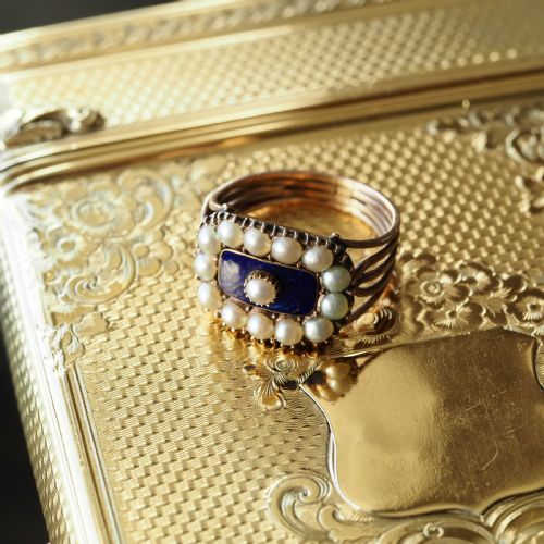 fig 4. Antique Georgian Blue Enamel & Seed Pearl 14ct Gold Cluster Ring - c.1800
