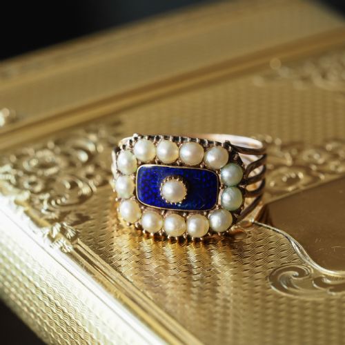 fig 6. Antique Georgian Blue Enamel & Seed Pearl 14ct Gold Cluster Ring - c.1800