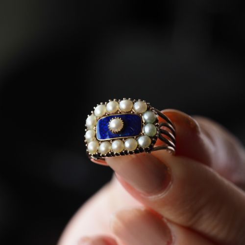 fig 8. Antique Georgian Blue Enamel & Seed Pearl 14ct Gold Cluster Ring - c.1800