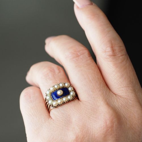 fig 9. Antique Georgian Blue Enamel & Seed Pearl 14ct Gold Cluster Ring - c.1800