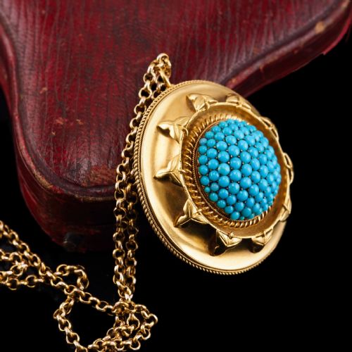 fig 3. Antique Victorian Turquoise Pendant Necklace/Brooch 18ct Gold Etruscan Revival Design - c.1880
