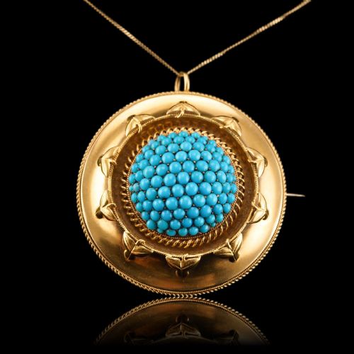 fig 6. Antique Victorian Turquoise Pendant Necklace/Brooch 18ct Gold Etruscan Revival Design - c.1880