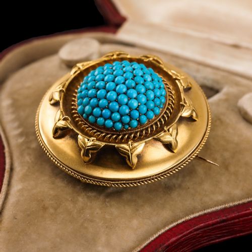 fig 10. Antique Victorian Turquoise Pendant Necklace/Brooch 18ct Gold Etruscan Revival Design - c.1880