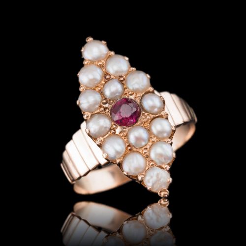ANTIQUE VICTORIAN RUBY SEED PEARL NAVETTE RING 14CT ROSE GOLD C1900 - ADDITIONAL PHOTO 2