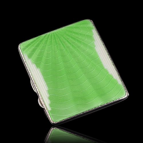 Art Deco Sterling Silver Cigarette Case with Green Enamel Guilloche Sunburst Ray - Joseph Gloster