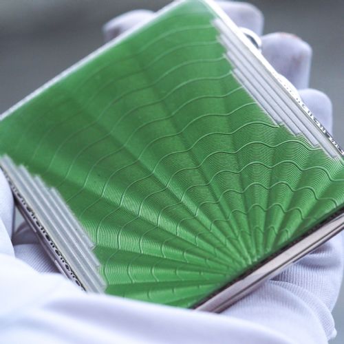 fig 3. Art Deco Sterling Silver Cigarette Case with Green Enamel Guilloche Sunburst Ray - Joseph Gloster