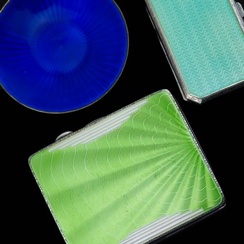 fig 5. Art Deco Sterling Silver Cigarette Case with Green Enamel Guilloche Sunburst Ray - Joseph Gloster