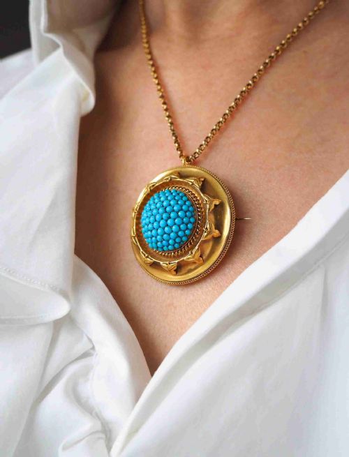 Antique Victorian Turquoise Pendant Necklace/brooch 18ct Gold Etruscan Revival Design - C.1880