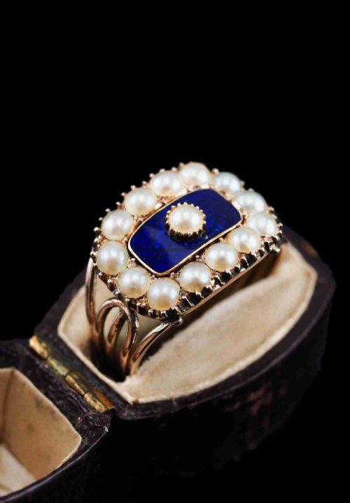 Antique Georgian Blue Enamel & Seed Pearl 14ct Gold Cluster Ring - C.1800