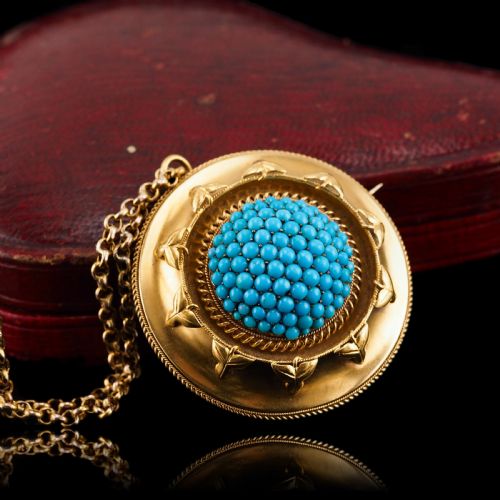 Antique Victorian 18ct Gold Turquoise Pendant Necklace/brooch Etruscan Revival Design - C.1880