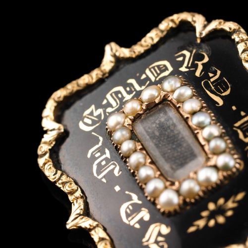 fig 5. Antique Georgian 14ct Gold Mourning Brooch with Seed Pearls & Black Enamel - c.1800