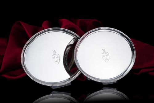 fig 1. Antique Georgian Solid Sterling Silver Salver Pair in Neoclassical Design - London 1781