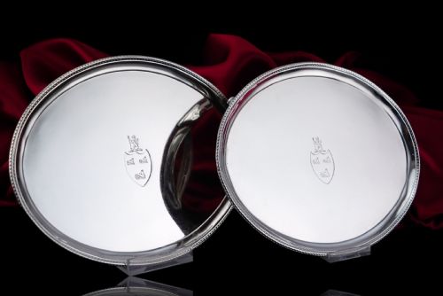fig 4. Antique Georgian Solid Sterling Silver Salver Pair in Neoclassical Design - London 1781