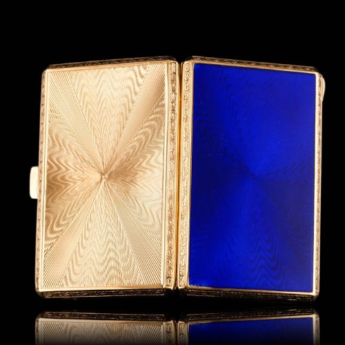 Antique Sterling Silver Cigarette Case with Silver Gilt Blue Guilloche Enamel