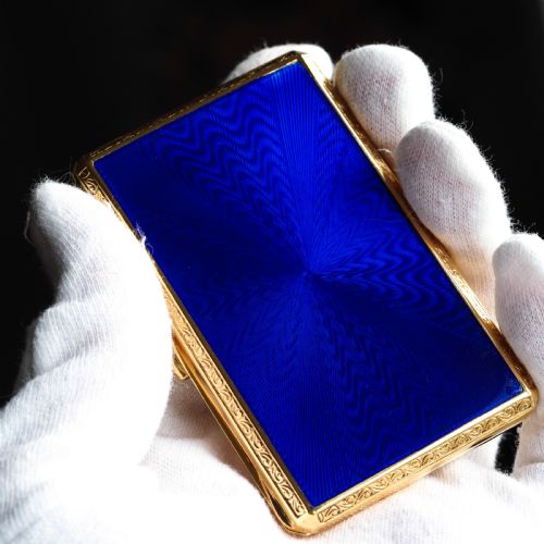 fig 1. Antique Sterling Silver Cigarette Case with Silver Gilt Blue Guilloche Enamel
