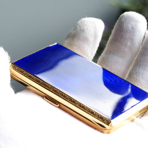 fig 2. Antique Sterling Silver Cigarette Case with Silver Gilt Blue Guilloche Enamel