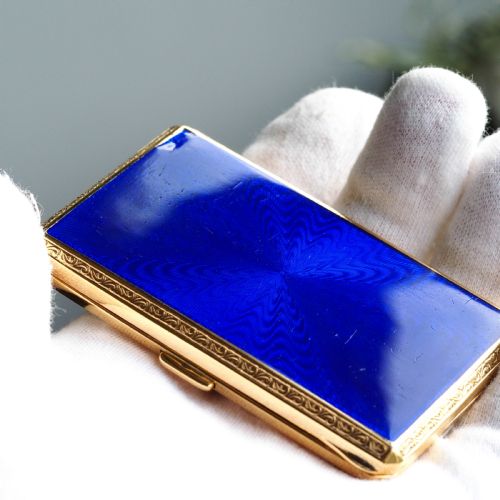 fig 3. Antique Sterling Silver Cigarette Case with Silver Gilt Blue Guilloche Enamel