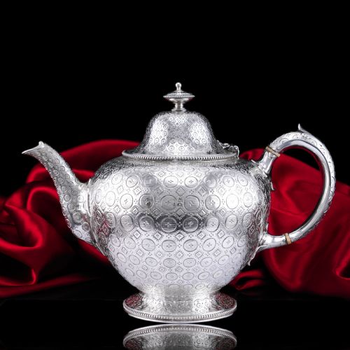 Antique Victorian Solid Silver Teapot with Rare Dotted Pattern - Barnards 1863