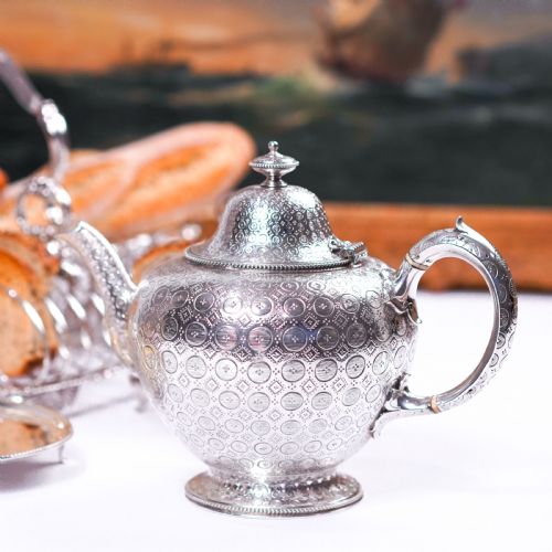 fig 1. Antique Victorian Solid Silver Teapot with Rare Dotted Pattern - Barnards 1863