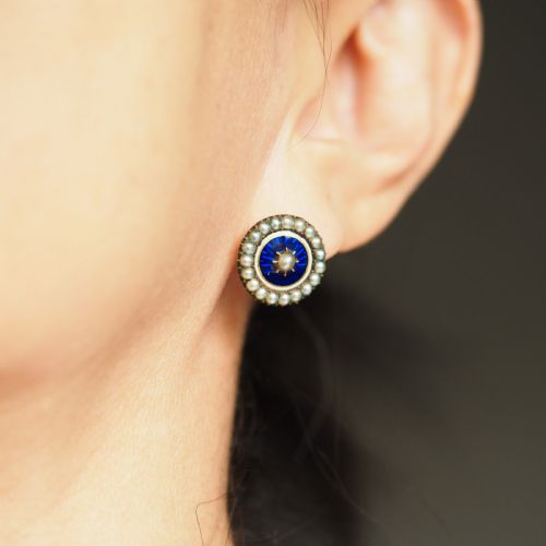 ANTIQUE GEORGIAN GOLD EARRINGS WITH BLUE ENAMEL GUILLOCHE AND SEED PEARL CLUSTER 'TARGET' DESIGN C1800 - ADDITIONAL PHOTO 20