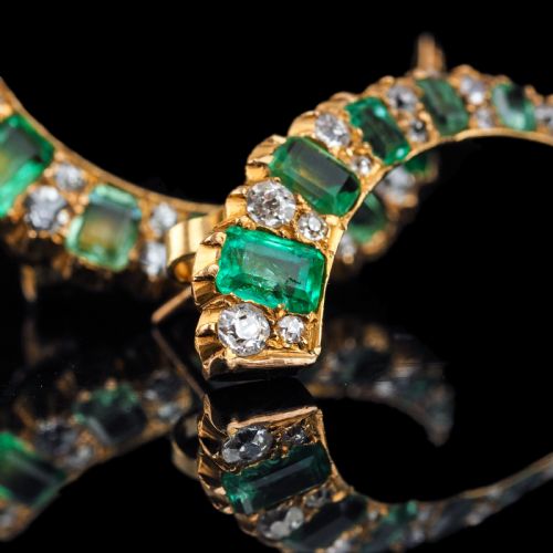fig 1. Antique Victorian Emerald & Diamond Earrings 18ct Gold Crescent Design - c.1890