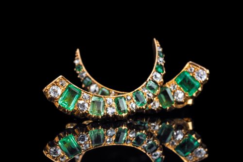 fig 3. Antique Victorian Emerald & Diamond Earrings 18ct Gold Crescent Design - c.1890