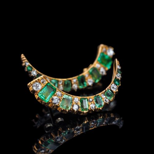 fig 4. Antique Victorian Emerald & Diamond Earrings 18ct Gold Crescent Design - c.1890