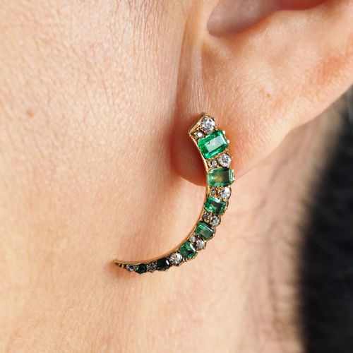 fig 8. Antique Victorian Emerald & Diamond Earrings 18ct Gold Crescent Design - c.1890