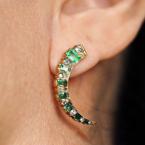 fig 9. Antique Victorian Emerald & Diamond Earrings 18ct Gold Crescent Design - c.1890