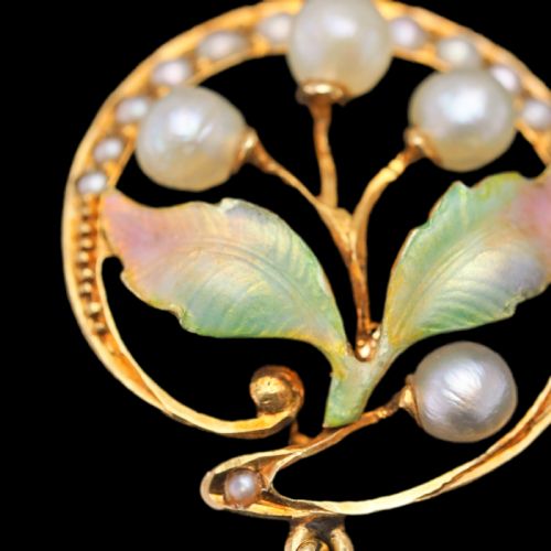fig 1. Antique Edwardian Pearl & Enamel Pendant Necklace 15ct Gold Art Nouveau Floral/Leaf Design - c.1910