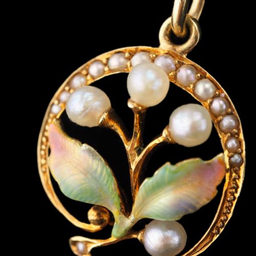 fig 2. Antique Edwardian Pearl & Enamel Pendant Necklace 15ct Gold Art Nouveau Floral/Leaf Design - c.1910