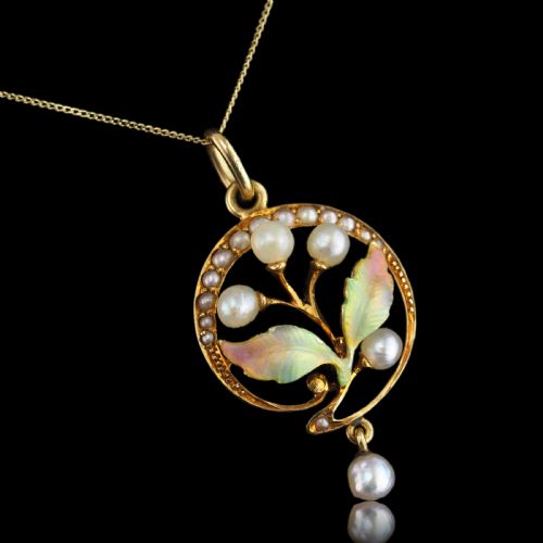fig 4. Antique Edwardian Pearl & Enamel Pendant Necklace 15ct Gold Art Nouveau Floral/Leaf Design - c.1910