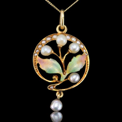 fig 5. Antique Edwardian Pearl & Enamel Pendant Necklace 15ct Gold Art Nouveau Floral/Leaf Design - c.1910