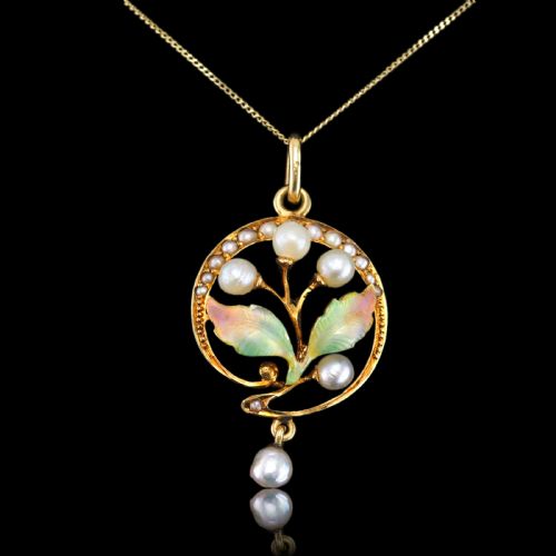 fig 6. Antique Edwardian Pearl & Enamel Pendant Necklace 15ct Gold Art Nouveau Floral/Leaf Design - c.1910