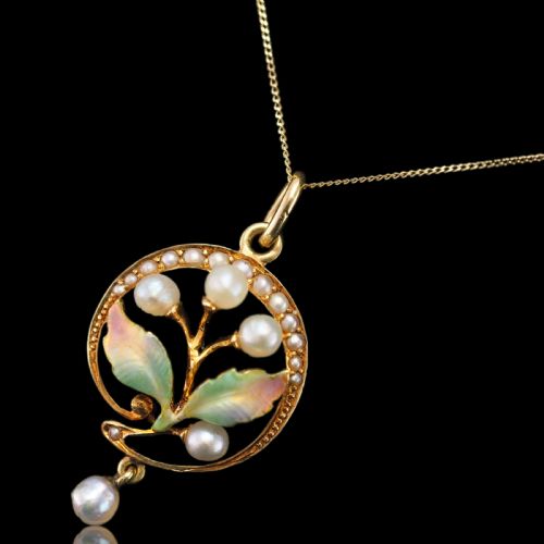 fig 8. Antique Edwardian Pearl & Enamel Pendant Necklace 15ct Gold Art Nouveau Floral/Leaf Design - c.1910