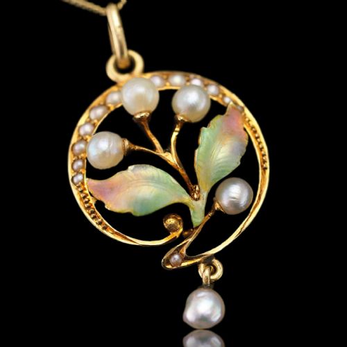 fig 9. Antique Edwardian Pearl & Enamel Pendant Necklace 15ct Gold Art Nouveau Floral/Leaf Design - c.1910