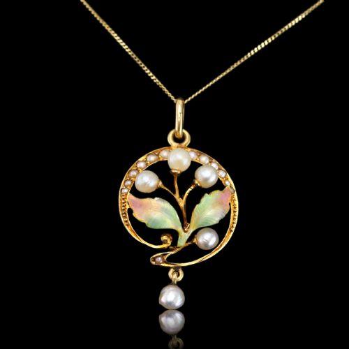 fig 10. Antique Edwardian Pearl & Enamel Pendant Necklace 15ct Gold Art Nouveau Floral/Leaf Design - c.1910