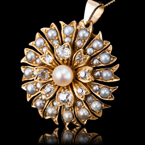fig 1. Antique Victorian Diamond and Pearl Necklace/Choker 15ct Gold Floral Design - c.1900