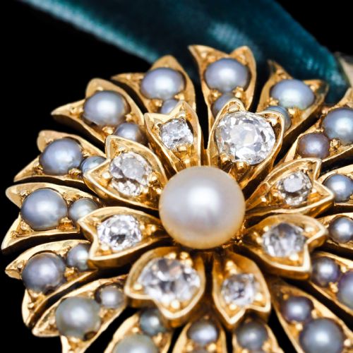 fig 2. Antique Victorian Diamond and Pearl Necklace/Choker 15ct Gold Floral Design - c.1900