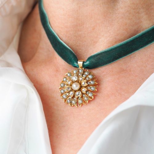 fig 3. Antique Victorian Diamond and Pearl Necklace/Choker 15ct Gold Floral Design - c.1900