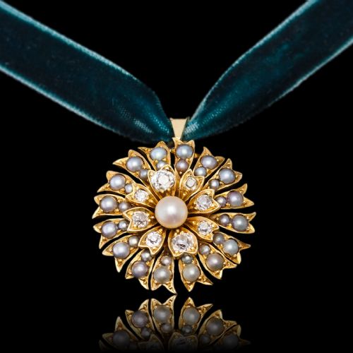 fig 4. Antique Victorian Diamond and Pearl Necklace/Choker 15ct Gold Floral Design - c.1900