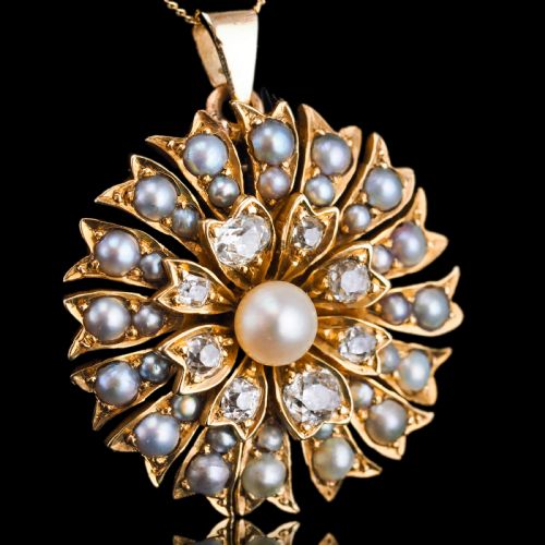 fig 5. Antique Victorian Diamond and Pearl Necklace/Choker 15ct Gold Floral Design - c.1900