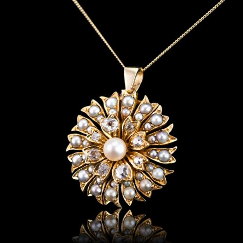 fig 7. Antique Victorian Diamond and Pearl Necklace/Choker 15ct Gold Floral Design - c.1900