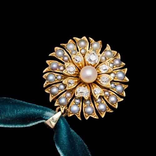 fig 8. Antique Victorian Diamond and Pearl Necklace/Choker 15ct Gold Floral Design - c.1900