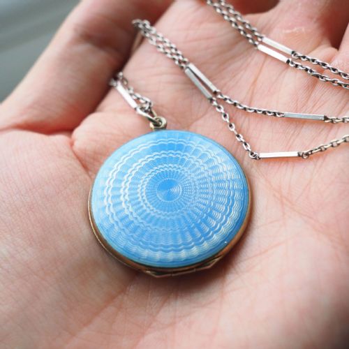 Antique Norwegian Blue Guilloche Enamel Pendant Necklace with Locket - Marius Hammer C.1900