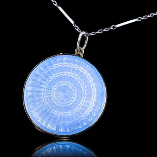 fig 9. Antique Norwegian Blue Guilloche Enamel Pendant Necklace with Locket - Marius Hammer c.1900