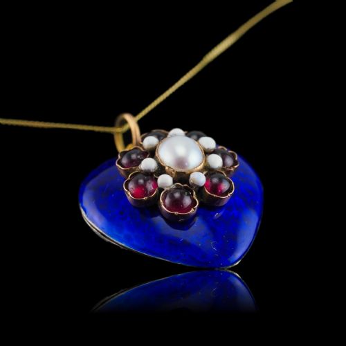 fig 1. Antique Victorian Blue Enamel Garnet & Pearl 'Puffy' Heart Shaped Pendant Necklace - c.1900