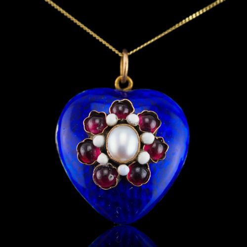 fig 2. Antique Victorian Blue Enamel Garnet & Pearl 'Puffy' Heart Shaped Pendant Necklace - c.1900