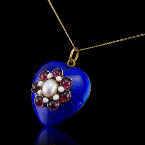 fig 3. Antique Victorian Blue Enamel Garnet & Pearl 'Puffy' Heart Shaped Pendant Necklace - c.1900
