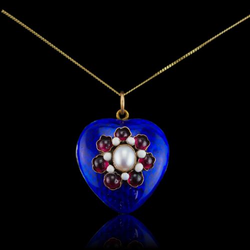 fig 4. Antique Victorian Blue Enamel Garnet & Pearl 'Puffy' Heart Shaped Pendant Necklace - c.1900
